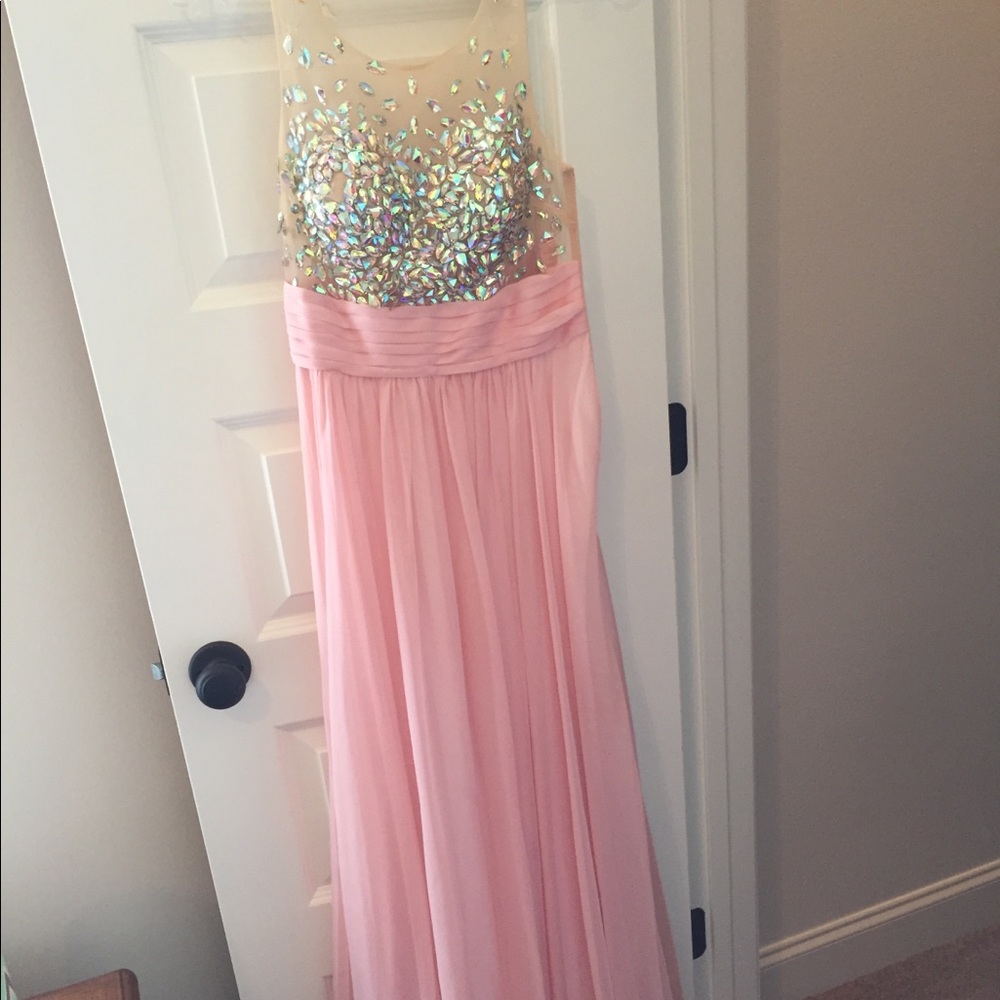 Jovani Long Light Pink and Rhinestone Dress